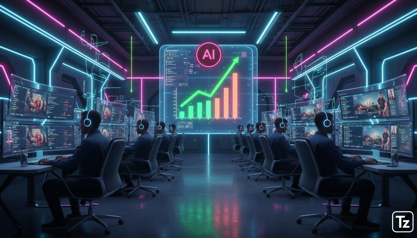 Toolzz: Teste Grátis de IA para Instagram Business em 2026 — Um call center moderno e vibrante, com atendentes usando headsets e interagindo com telas que exibem feeds do Instagram. Um painel central 