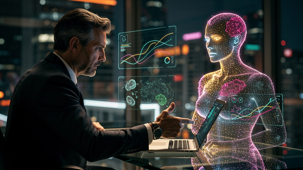Toolzz: Teste Grátis de Inteligência Artificial para Empresas em 2026 — Close-up de um agente de IA holográfico em forma de assistente pessoal, interagindo com um executivo em seu escritório. O agente