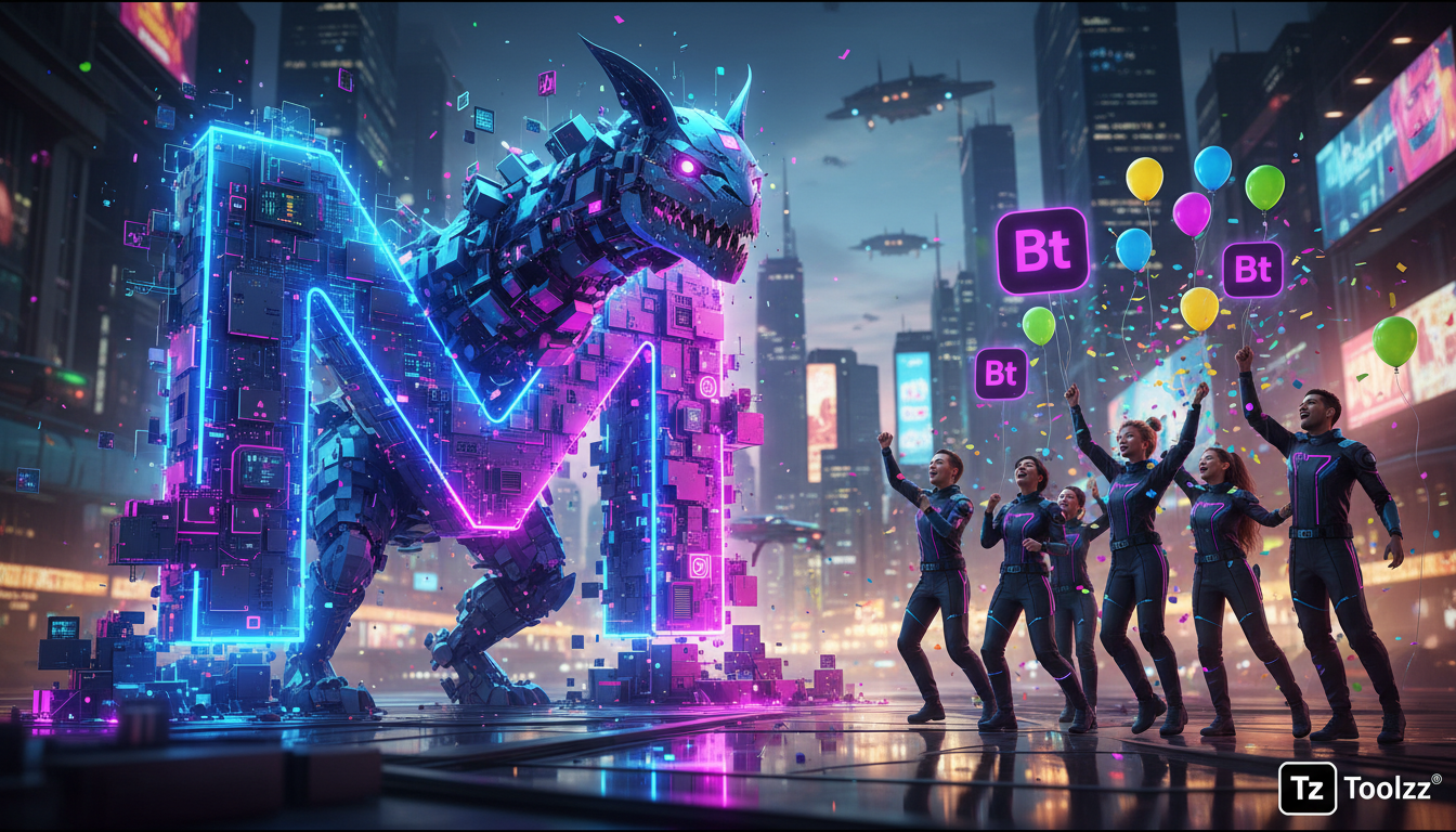 Toolzz: versatilidade em Meta Business Suite IA — Uma ilustração digital mostrando a Meta Business Suite evoluindo como uma criatura cibernética, ganhando forma com peças de IA se encaixando. Ao lado,