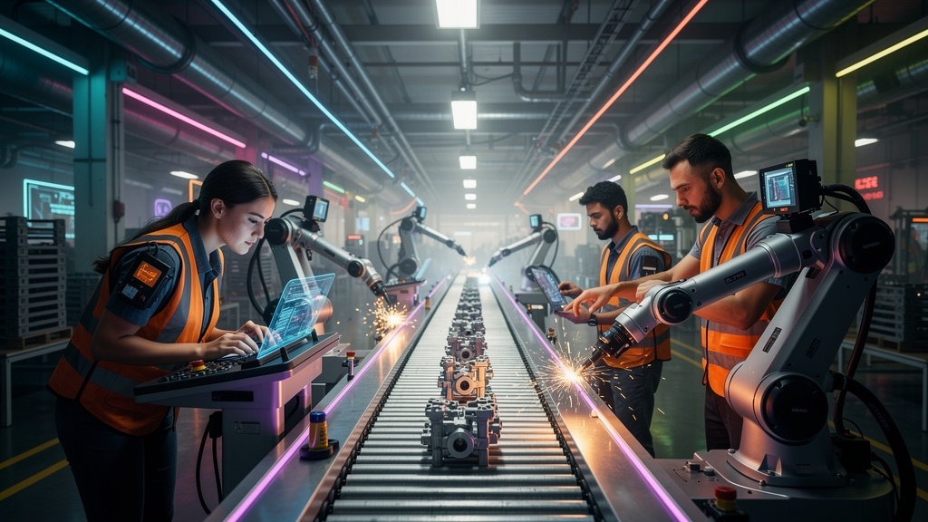 Toolzz: versatilidade em Protocolo Agent-to-Human — Uma linha de montagem moderna onde robôs e humanos trabalham lado a lado. Os robôs realizam tarefas repetitivas com precisão, enquanto os humanos su