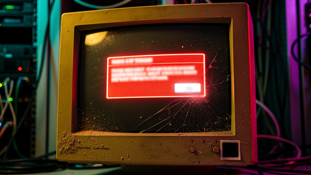 Toolzz: versatilidade em SCORM — Um close-up dramático de uma tela de computador mostrando uma mensagem de erro genérica ('SCORM Package Incompatible') em letras vermelhas. A tela está suja e empoeira