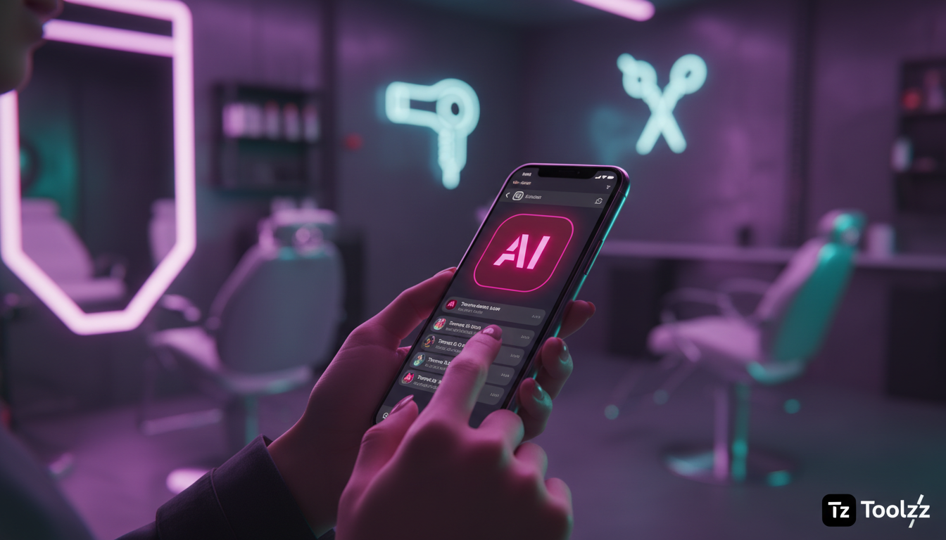 Toolzz vs alternativas: Agendamento com IA em 2026? — Close-up nas mãos de uma cliente agendando um horário em um perfil de Instagram de um salão de beleza. A interface do Instagram Direct exibe uma c