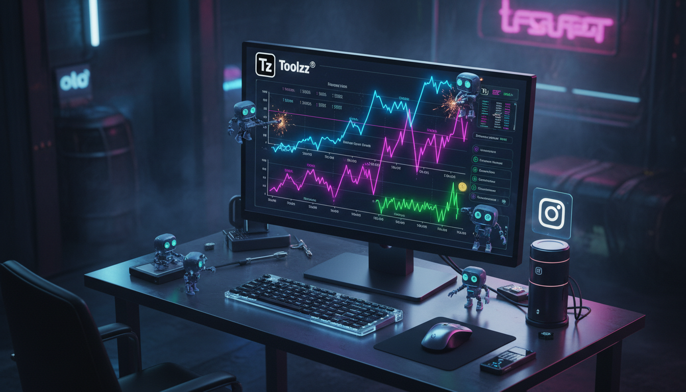 Toolzz vs alternativas gratuitas: automação de marketing no Instagram em 2026? — Visão isométrica de uma tela de computador mostrando um painel de controle da Toolzz. Gráficos de desempenho do Instagr