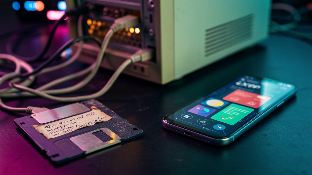 Toolzz vs alternativas gratuitas: SCORM não funciona em 2026? — Close-up de um disquete (floppy disk) antigo com a etiqueta 'SCORM' rabiscada, colocado ao lado de um smartphone moderno exibindo uma in