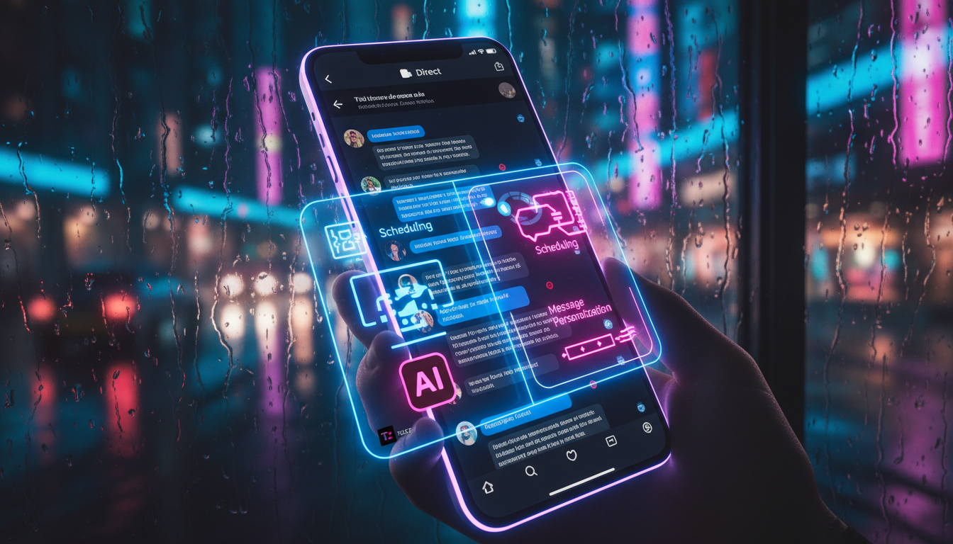 Toolzz vs Automação Instagram: 7 Tendências para 2026 — Close-up de um smartphone mostrando uma conversa complexa no Direct do Instagram sendo gerenciada por um agente de IA. A interface do agente de 