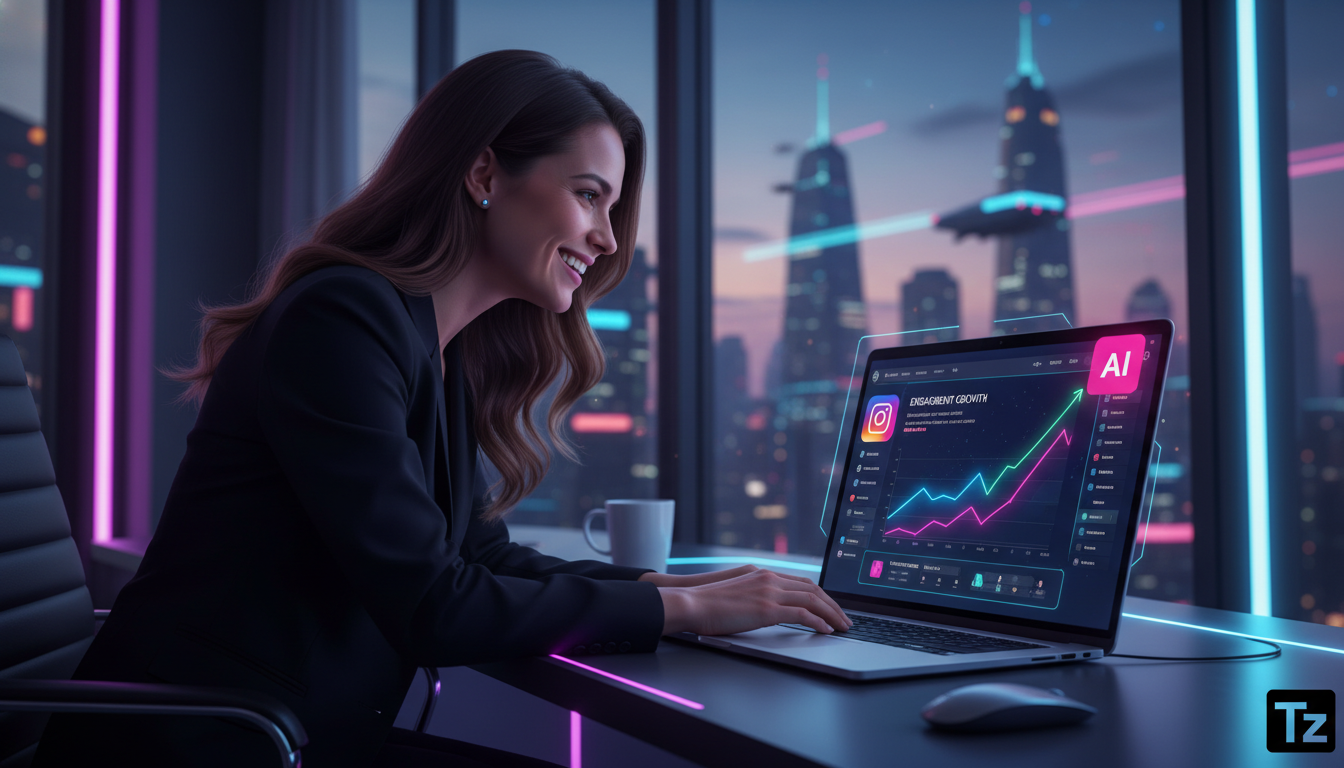 Toolzz vs concorrentes: automação Instagram 2026 — Uma profissional de marketing digital sorrindo enquanto observa um painel de controle da Toolzz AI em seu laptop. O painel mostra gráficos de crescim