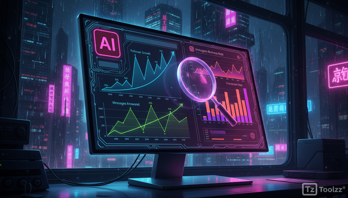 Toolzz vs concorrentes: IA para Instagram Business em 2026 — Uma tela de computador exibindo o painel de controle da Toolzz AI, mostrando dados de engajamento do Instagram Business em tempo real. Gráf