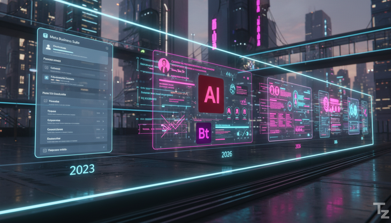 Toolzz vs concorrentes: Meta Business Suite IA em 2026 — Um fluxo visual mostrando a evolução do Meta Business Suite, começando com uma interface simples e evoluindo para uma tela moderna com recursos