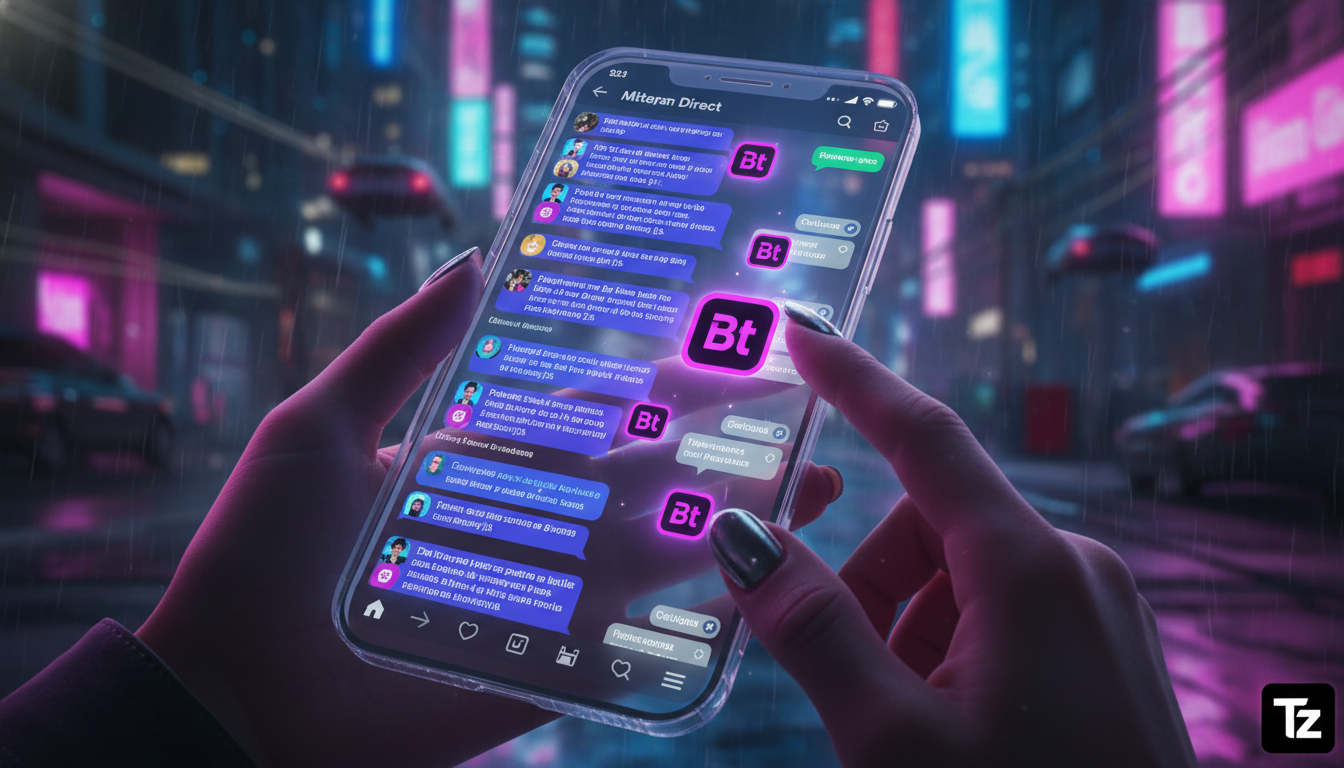 Toolzz vs concorrentes: Vendas no Instagram com IA em 2026 — Close-up de dedos tocando em uma tela de smartphone exibindo uma interface de Instagram Direct lotada de mensagens não lidas. Um chatbot da