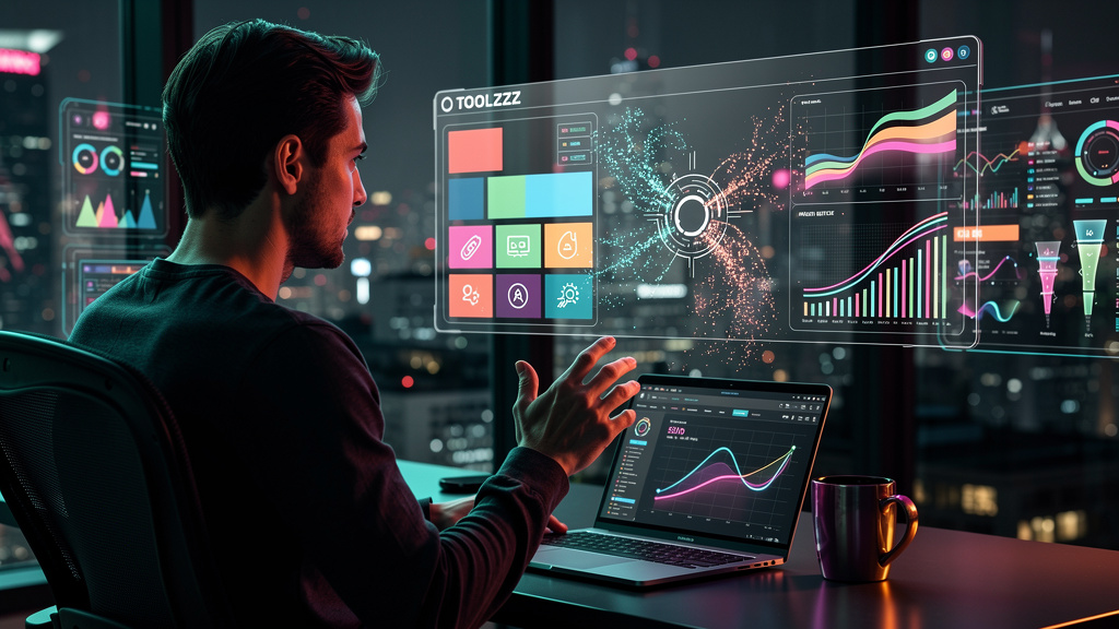Toolzz vs Contentools: Qual é melhor para Blog com IA 2026? — Um agente de IA da Toolzz, representado como uma interface holográfica flutuante, analisando dados de SEO e sugestões de palavras-chave pa
