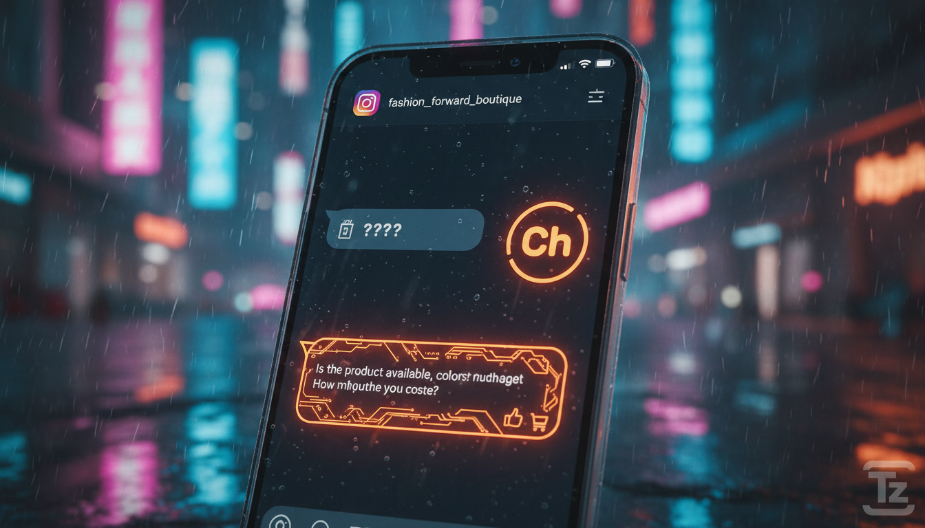 Toolzz vs Instagram: 7 Estratégias de Automação para 2026 — Um close-up de um smartphone mostrando uma conversa no direct do Instagram. A mensagem do usuário é uma pergunta frequente sobre um produto.