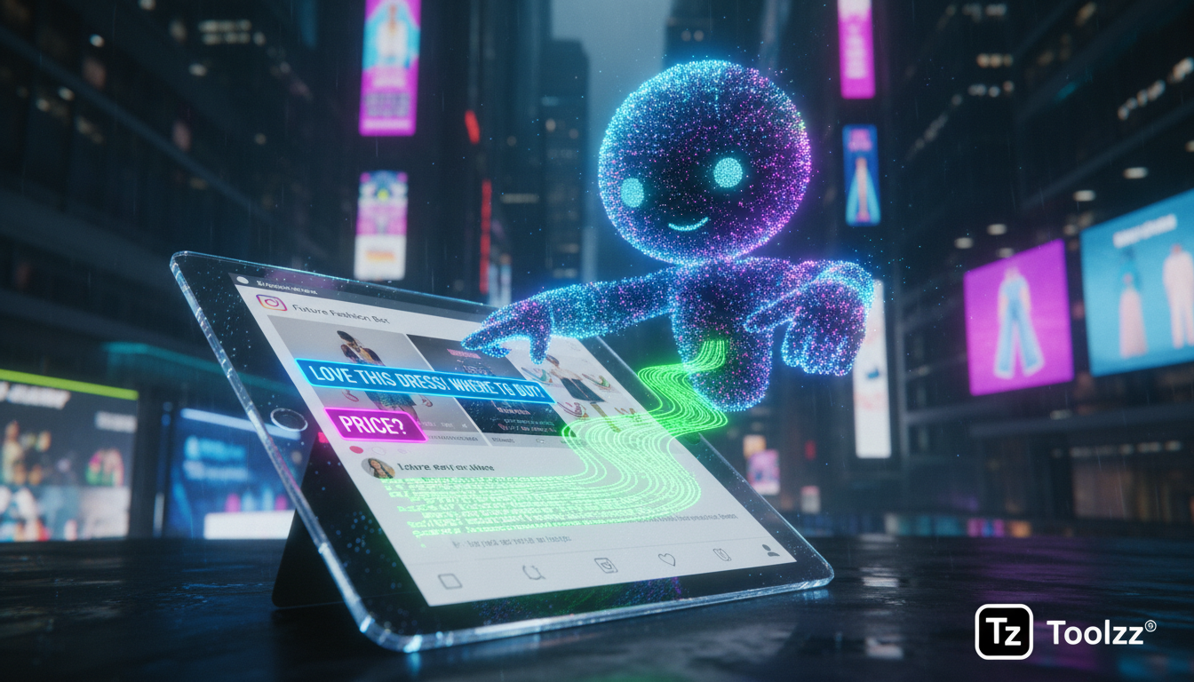 Toolzz vs Instagram: 7 Estratégias de Vendas com IA em 2026 — Um agente de IA da Toolzz, visualizado como uma representação gráfica amigável (não robótica), analisando comentários em um post do Instag