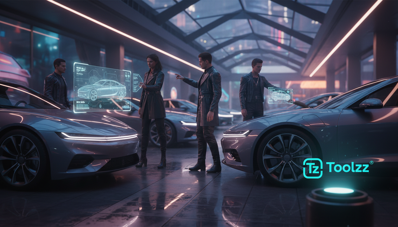 Toolzz vs Instagram: 7 Razões para um Agente de Suporte IA em 2026 — Uma concessionária de carros movimentada, com clientes interagindo com os veículos. No canto inferior direito, uma projeção holográ