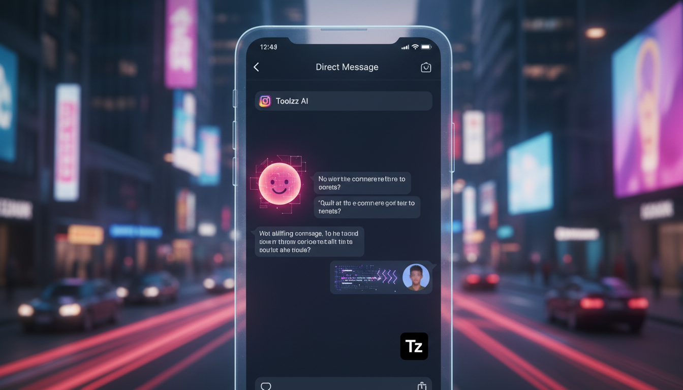 Toolzz vs Instagram Commerce IA: 7 Estratégias para 2026 — Close-up de um smartphone exibindo uma conversa de Direct Message no Instagram. Um agente de IA da Toolzz, com avatar amigável e profissional