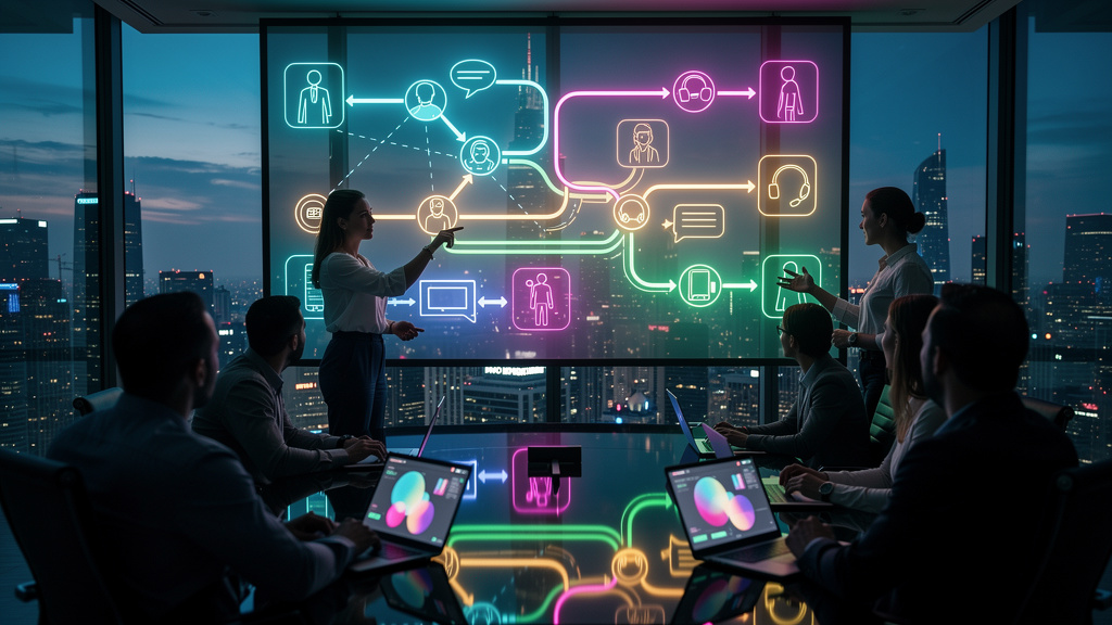 Toolzz vs Integração: 7 Passos para um Atendimento Híbrido de Sucesso em 2026 — Um mapa da jornada do cliente desenhado em uma grande tela digital em uma sala de reuniões moderna. Várias pessoas estão