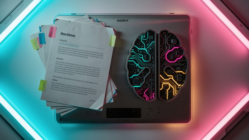 Toolzz vs Jasper AI: Qual é melhor para Blog IA? — Overhead shot of a digital scale balancing a stack of blog posts on one side and a stylized AI brain circuit board on the other. The blog posts have 