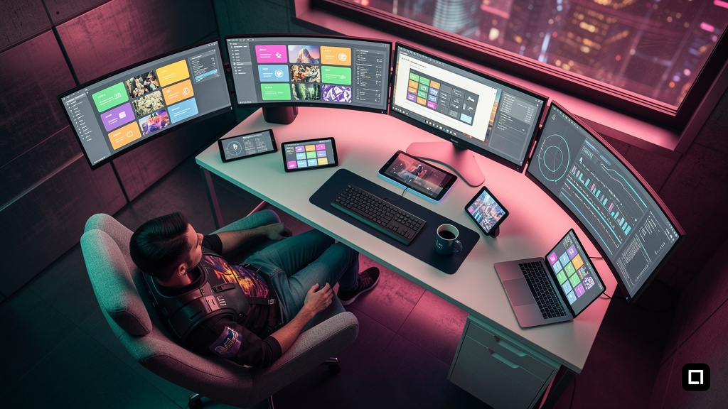 Toolzz vs Profound: Qual é melhor para Blog IA? — Visão aérea de uma pessoa sentada em uma poltrona confortável, cercada por telas que mostram diferentes ferramentas de IA para criação de conteúdo. Um