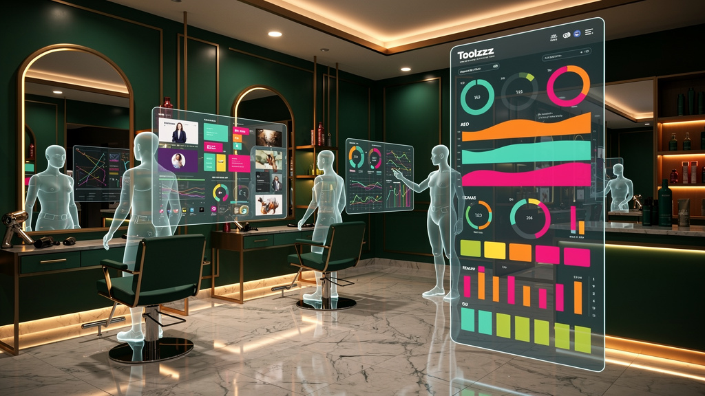 Toolzz vs Surfer SEO: Qual é melhor para Agente Blog IA? — Visão aérea de um salão de beleza moderno e elegante. Em vez de clientes, vários agentes de IA holográficos flutuam ao redor, cada um trabalh