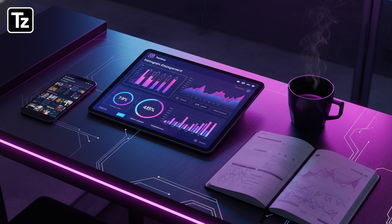 Toolzz: whitelabel completo para Automação Instagram — Visão aérea de uma mesa de escritório moderna e minimalista. Em primeiro plano, um tablet exibe um dashboard da Toolzz AI com gráficos de engajam