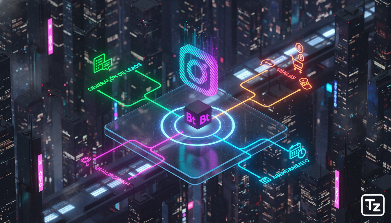 Toolzz: whitelabel completo para Chatbot Instagram — Visualização isométrica de um fluxo de trabalho de chatbot do Instagram DM. No centro, um ícone estilizado do Instagram DM se ramifica em várias di