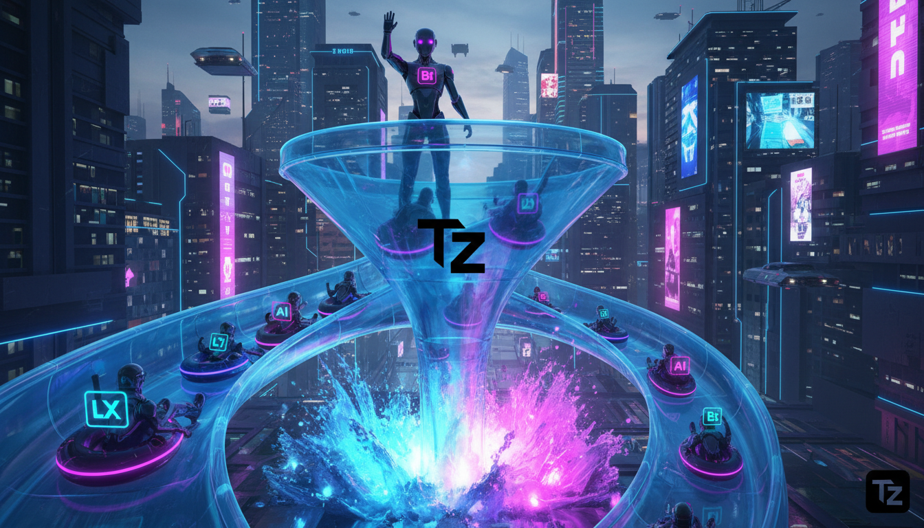 Toolzz: whitelabel completo para Instagram 2026 — Ilustração digital editorial: Um funil de vendas estilizado em formato de tobogã aquático, com pessoas deslizando em bóias personalizadas com logos de