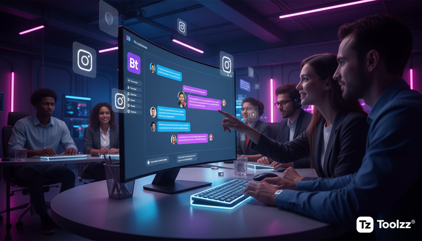 Toolzz: whitelabel completo para Instagram 2026 — Um escritório moderno e iluminado com uma equipe trabalhando em diversos computadores. Em um monitor em primeiro plano, um chatbot da Toolzz está ativ