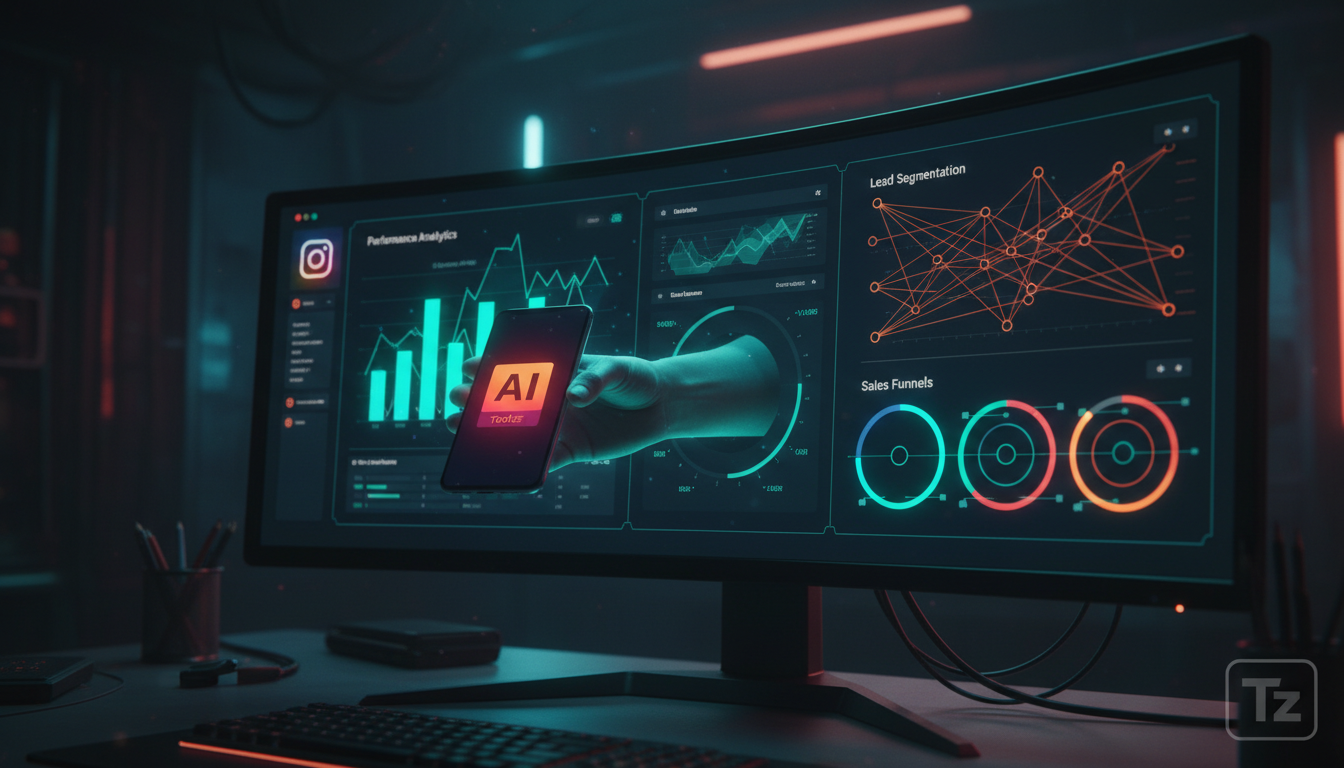 Toolzz: whitelabel completo para Instagram 2026 — Um painel de controle de CRM exibido em um monitor widescreen curvo. O painel mostra dados analíticos do Instagram, com gráficos de desempenho, segmen