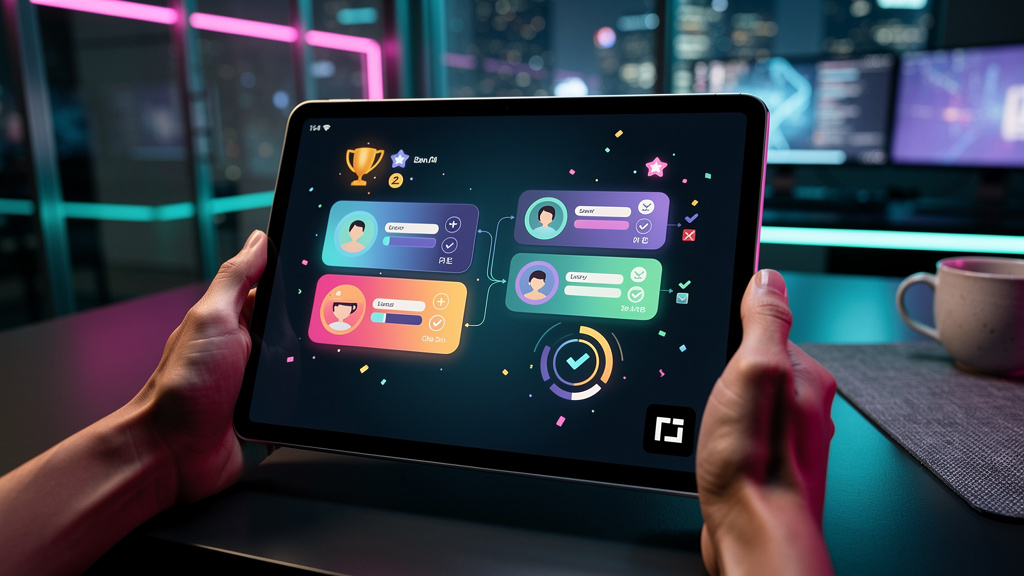 Toolzz: whitelabel completo para LXP em 2026 — Close-up de um tablet mostrando a interface da Toolzz LXP. A tela exibe uma trilha de aprendizado personalizada com elementos de gamificação e design int