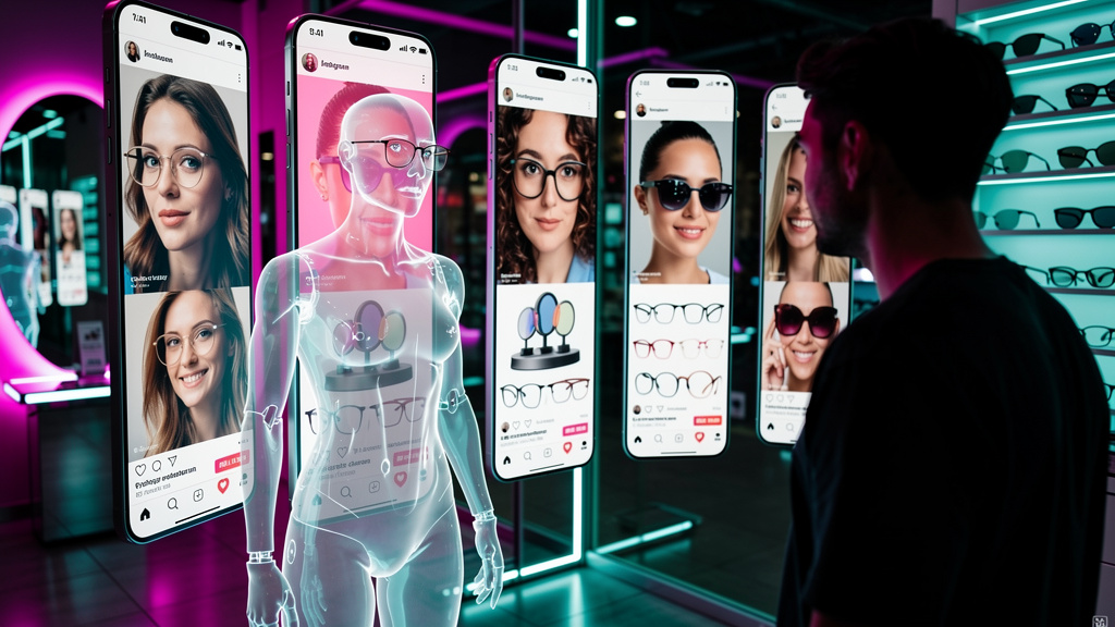 Toolzz: Whitelabel completo para óticas com Agente de IA no Instagram — Um agente de IA, visualizado como uma representação gráfica moderna e minimalista, interagindo simultaneamente com vários perfis