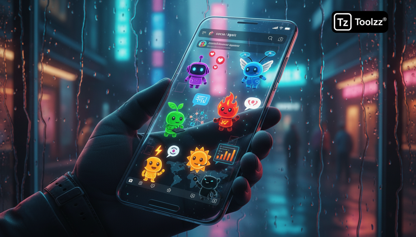 Top 7 ferramentas de Agente IA para Redes Sociais em 2026 — Close-up de um smartphone mostrando uma interface de aplicativo de rede social. Miniaturas de avatares de usuários são substituídas por pequ