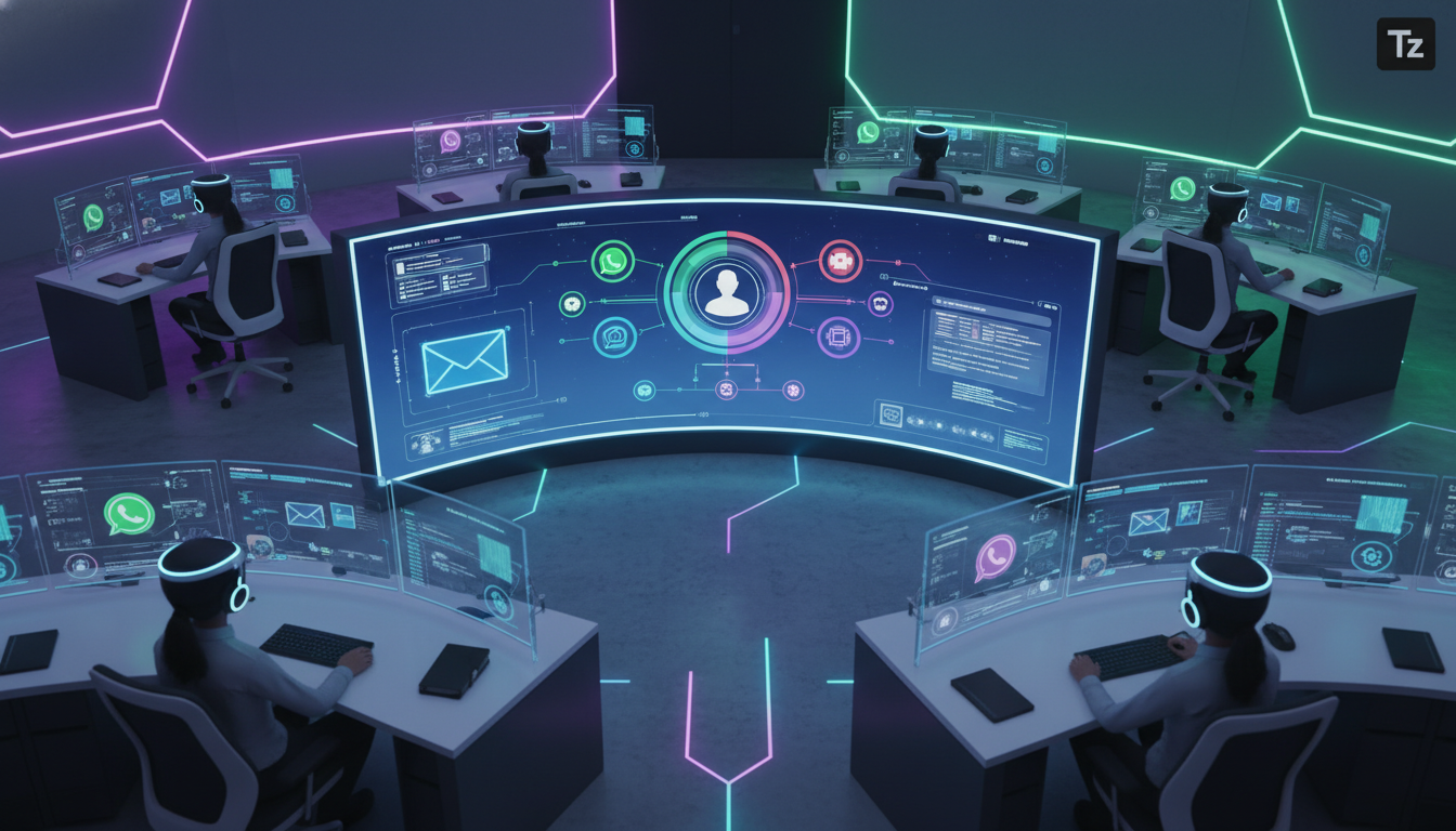 Top 7 ferramentas de Atendimento Omnichannel para Saúde em 2026 — Visão aérea de uma central de atendimento moderna e movimentada, com atendentes utilizando fones de ouvido e interagindo com telas que