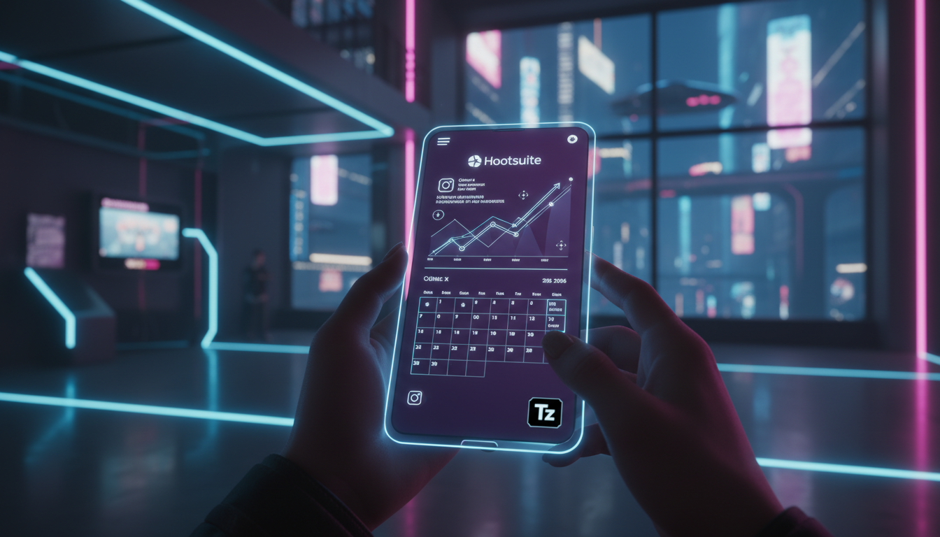 Top 7 ferramentas de Automação Instagram para Clínicas em 2026 — Uma tela de smartphone exibindo o painel de controle do Hootsuite, com gráficos de engajamento do Instagram e agendamento de posts. No 