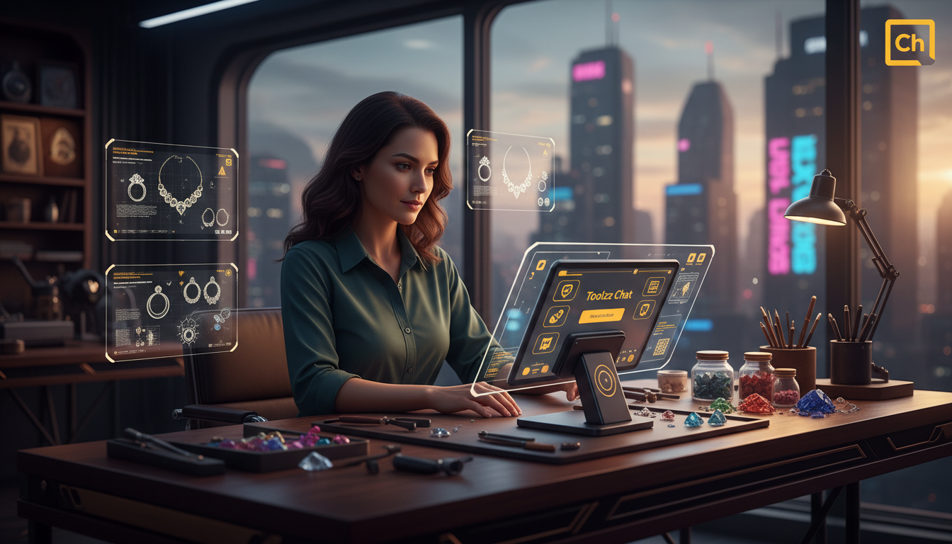 Top 7 ferramentas de automação Instagram para Joalheria em 2026 — Uma joalheira em seu ateliê, utilizando um tablet para gerenciar o atendimento ao cliente através da Toolzz Chat. Em volta dela, esboç