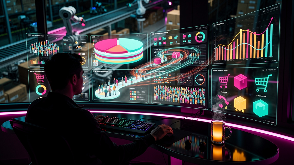 Top 7 ferramentas de IA para E-commerce em 2026 — Um dashboard complexo e vibrante exibindo dados de comportamento do cliente em tempo real. Gráficos de pizza, barras e linhas mostram padrões de compr