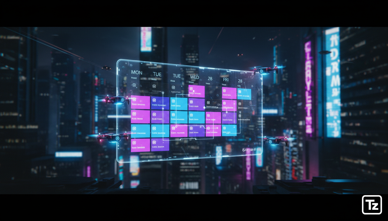 Top 7 Ferramentas de IA para Instagram em 2026 — Um calendário digital futurista exibido em uma tela transparente, mostrando horários de postagem otimizados para o Instagram. Pequenos drones voam ao r