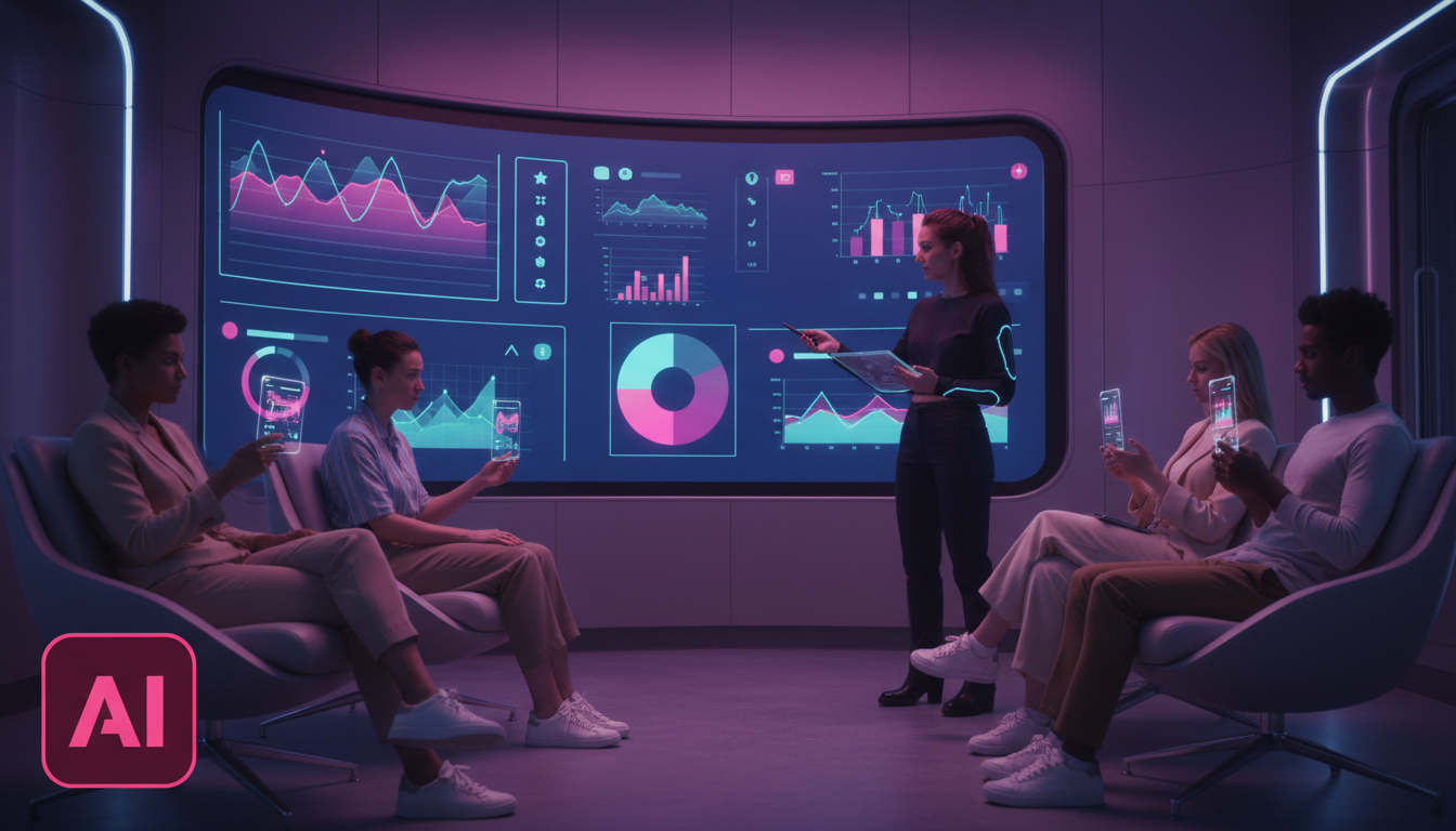 Top 7 ferramentas de IA para Instagram em 2026 — Uma sala de espera de uma clínica moderna, com pacientes interagindo com seus smartphones. Uma tela grande na parede exibe dados analíticos do Instagra