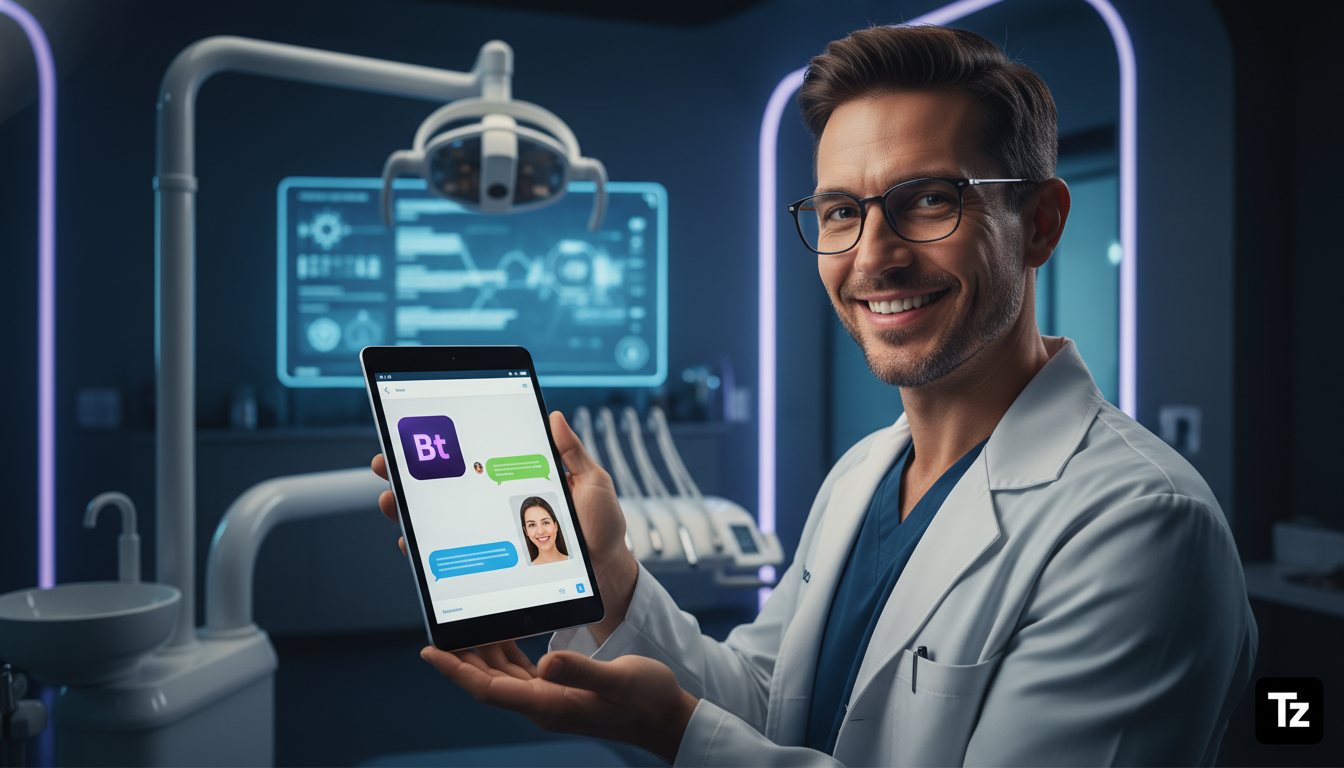 Top 7 ferramentas de IA para Odontologia em 2026 — Um dentista sorrindo e gesticulando para um tablet onde um chatbot da Toolzz está interagindo com um paciente virtual. O chatbot usa o logo da Toolzz