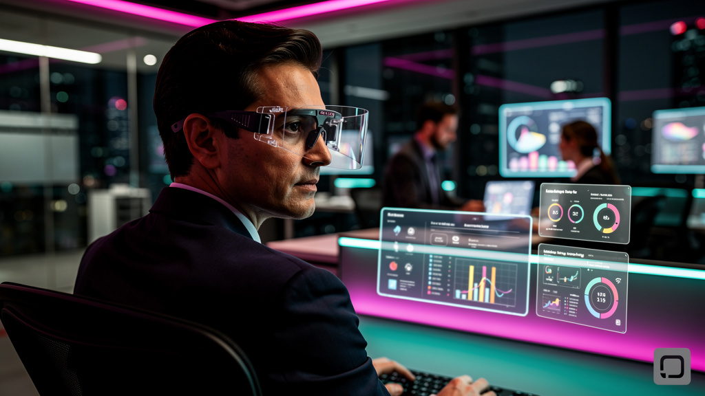 Top 7 ferramentas de LXP para empresas em 2026 — Uma pessoa usando óculos de realidade aumentada em um ambiente de trabalho. As lentes dos óculos exibem um menu flutuante com opções de aprendizado per