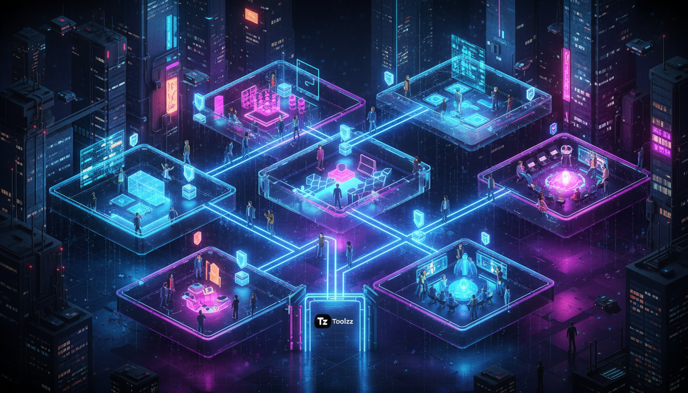 Top 7 Ferramentas de Missões e Desafios para LXP em 2026 — Ilustração isométrica de um labirinto corporativo complexo, com diversos caminhos representando diferentes missões de aprendizado. Miniaturas