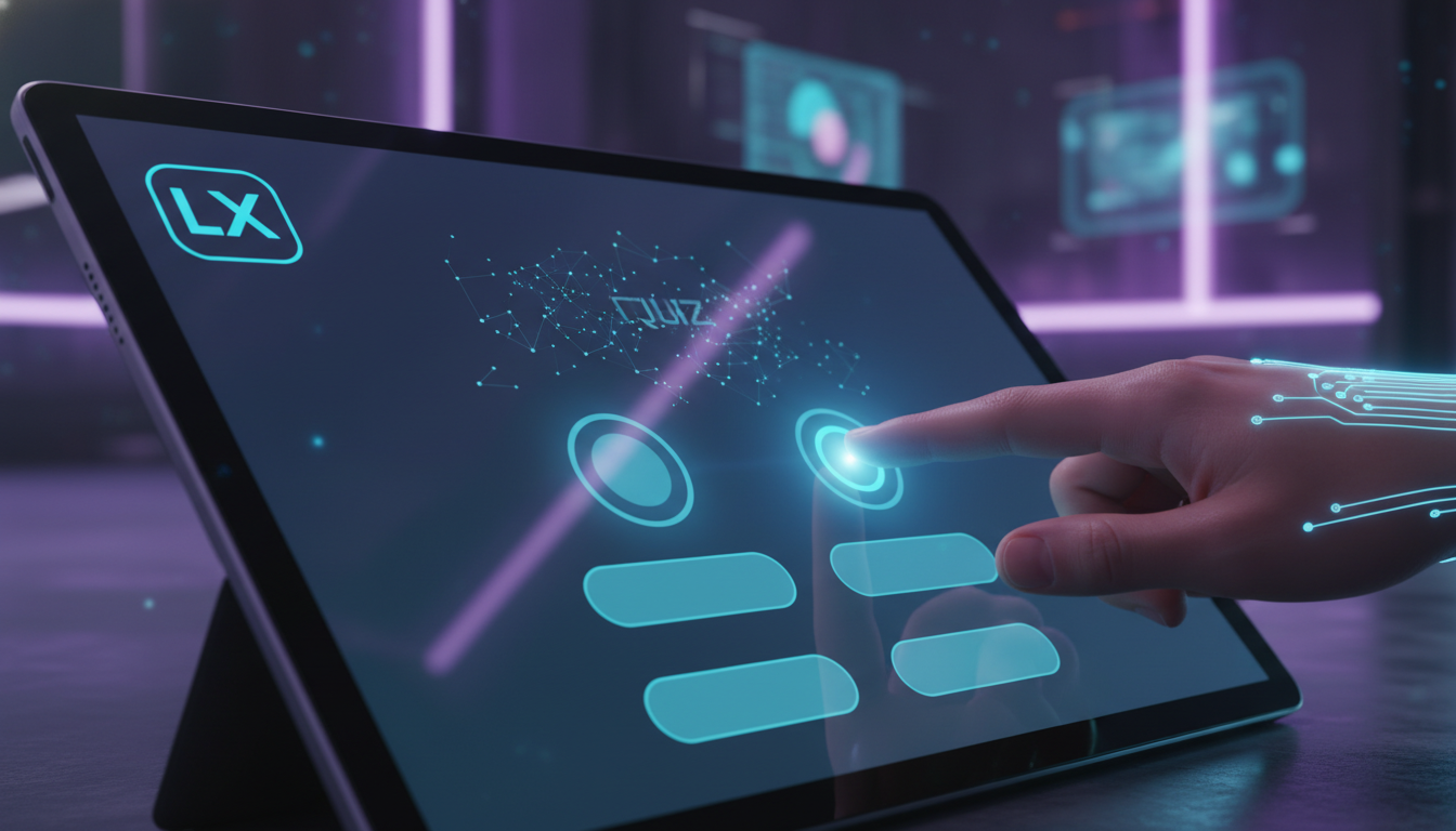 Top 7 Ferramentas de Quiz para LXP em 2026 — Close-up de um tablet mostrando uma interface de LXP com um quiz em andamento. O quiz apresenta perguntas de múltipla escolha com design moderno e intuitiv