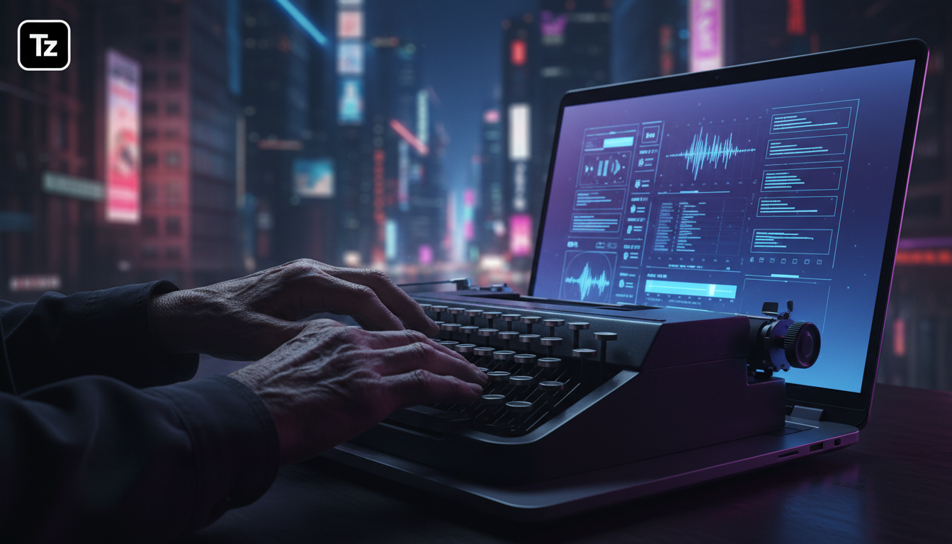 Transcrição Automática de Reuniões com IA: Produtividade Elevada — Um close-up dramático das mãos de um datilógrafo antigo, com as teclas desgastadas, contrastando com a tela brilhante de um laptop mo