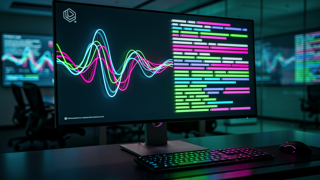 Transcrição Automática: O Guia Completo para Educação Corporativa — Um close-up de ondas sonoras se transformando em texto em um monitor. Um sutil logo da Toolzz está integrado ao design das ondas son