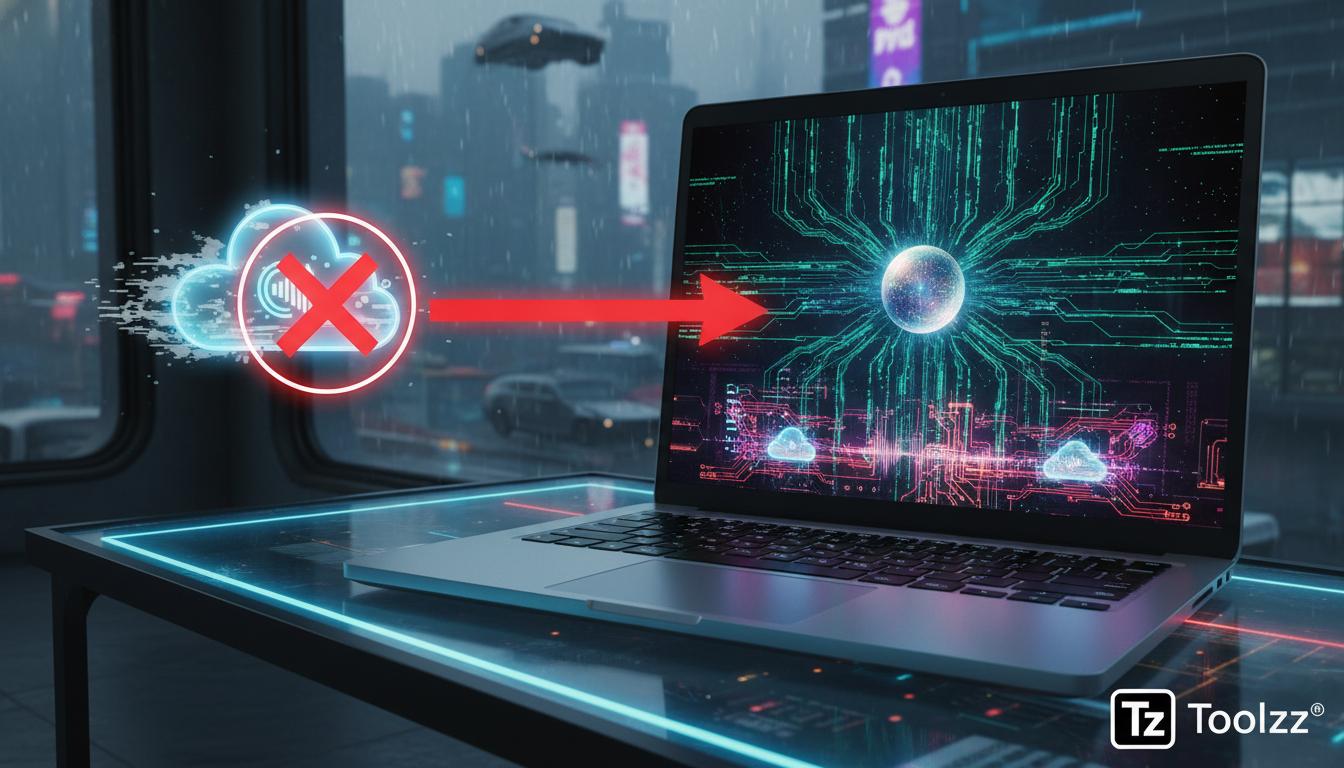 Transcrição de Reuniões com IA Local: Privacidade e Eficiência — Um diagrama visual mostrando dados de áudio sendo processados localmente em um dispositivo (laptop), simbolizado por linhas de código f