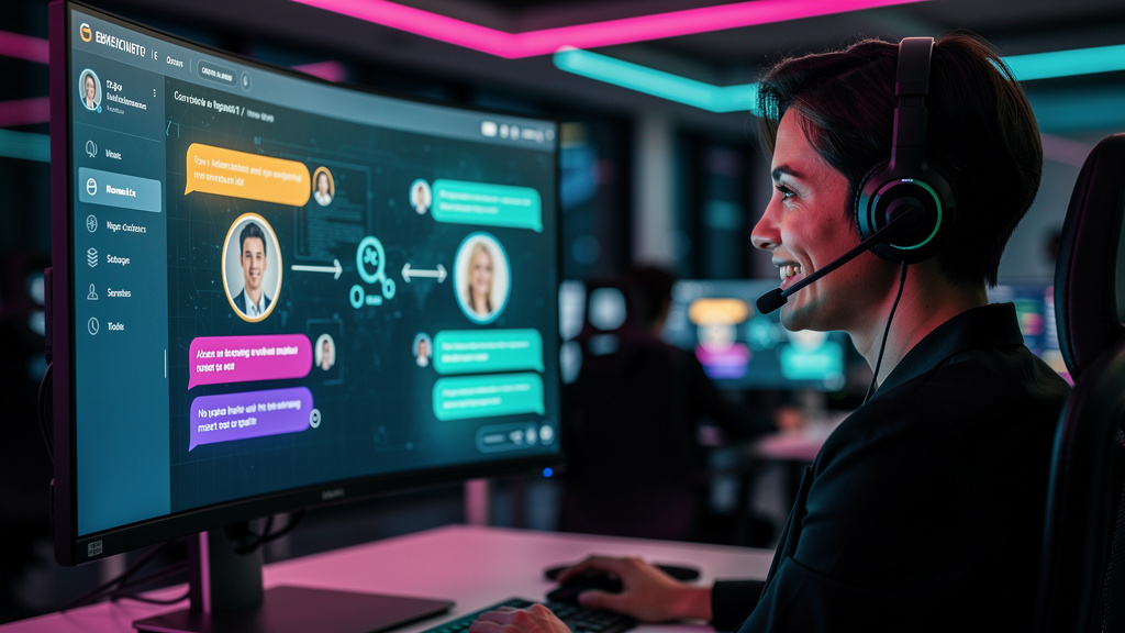 Transferência de IA para Humano e o futuro do trabalho — Um atendente de suporte ao cliente, usando um headset e sorrindo, trabalhando em um escritório moderno e iluminado. No monitor do computador, u
