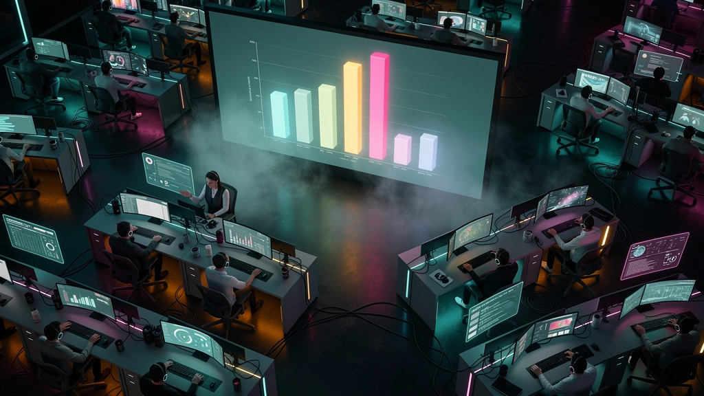 Transferência de IA para Humano em números: dados e estatísticas de 2026 — Um call center movimentado visto de cima, com atendentes usando headsets. Uma tela grande no centro da sala mostra um gráfico