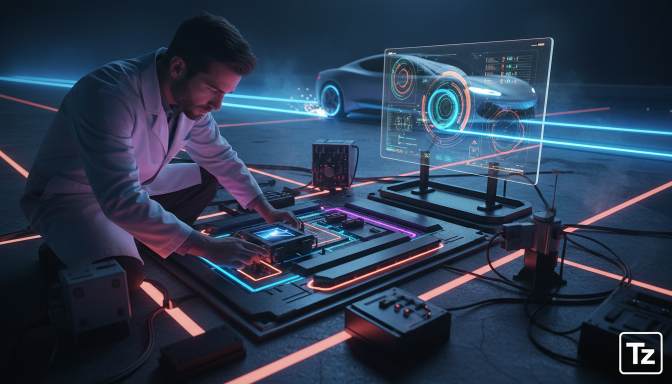 Transferência Dinâmica de Energia Sem Fio: O Futuro da Mobilidade Elétrica — Um engenheiro de jaleco branco ajustando um complexo sistema de carregamento sem fio dinâmico em uma pista de testes. Vário