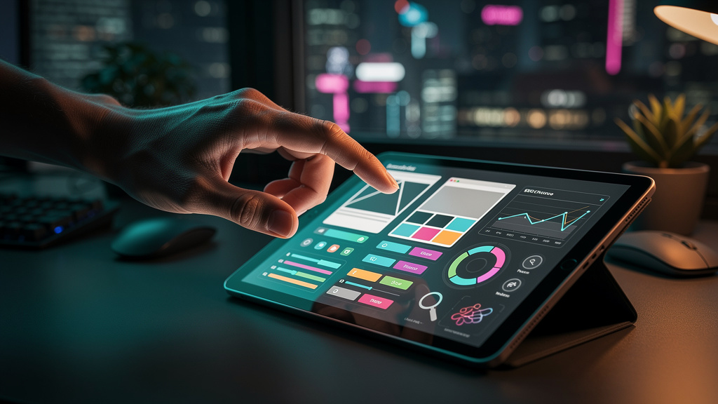 Transformação digital via Agentes de IA: por onde começar — Close-up de uma mão humana interagindo com a interface do Agente AI de Blog da Toolzz em um tablet. A interface mostra opções de personaliza