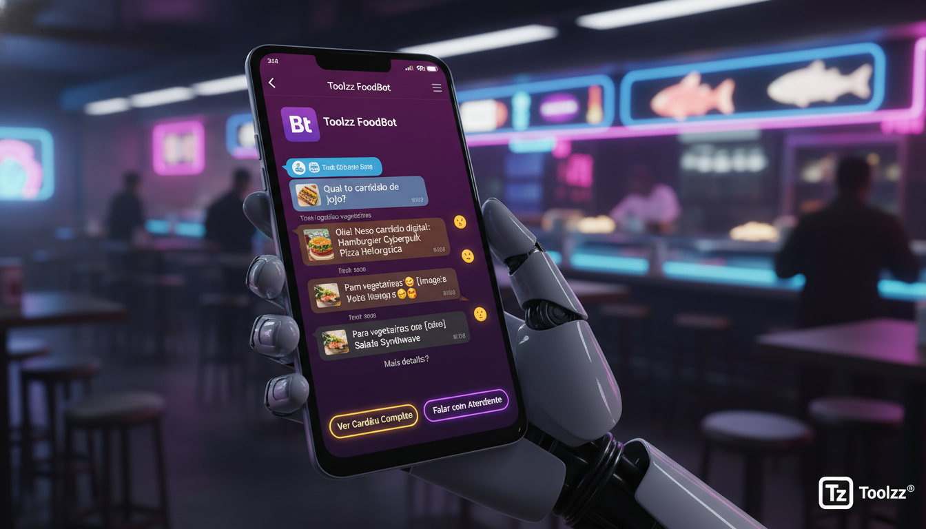Transformação digital via Chatbot Instagram: por onde começar — Close-up de um smartphone exibindo uma conversa de chatbot no Instagram Direct. O chatbot, com o logo da Toolzz, está respondendo a perg
