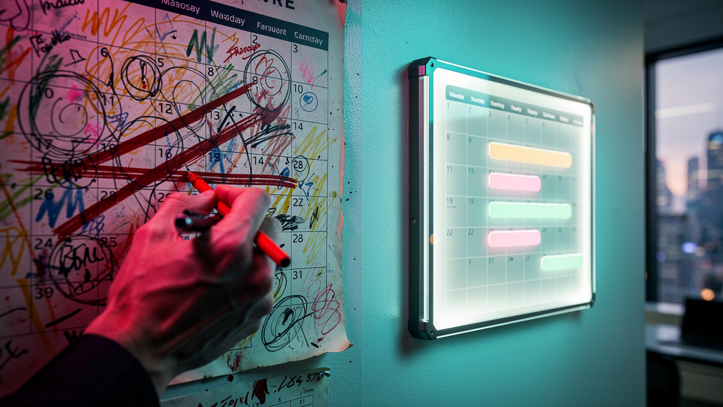 Transformação digital via Educação Corporativa: por onde começar — Um close-up de um calendário de parede rabiscado e cheio de anotações, com muitos compromissos únicos marcados com 'treinamento'. Uma