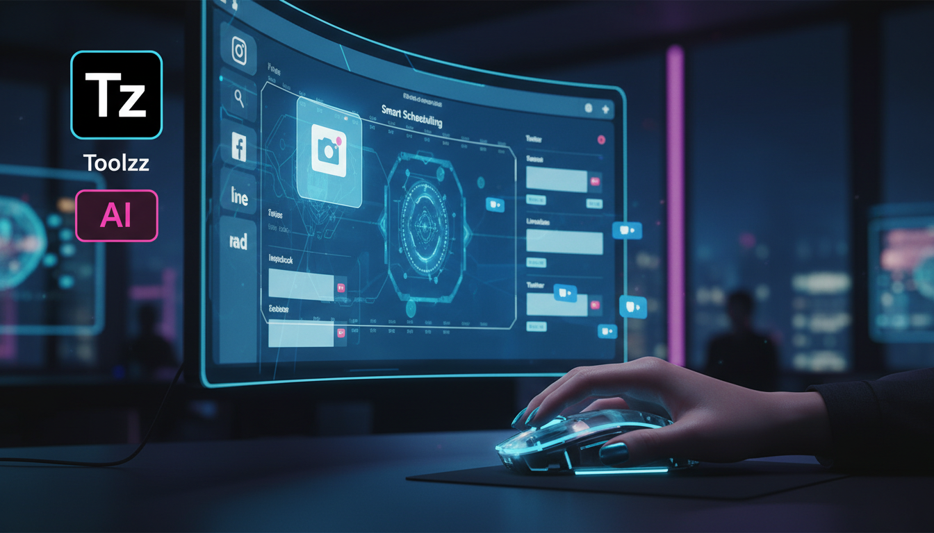 Transformação digital via IA para redes sociais — Uma tela de computador mostrando um calendário editorial de mídia social com posts agendados para diferentes plataformas (Instagram, Facebook, LinkedI